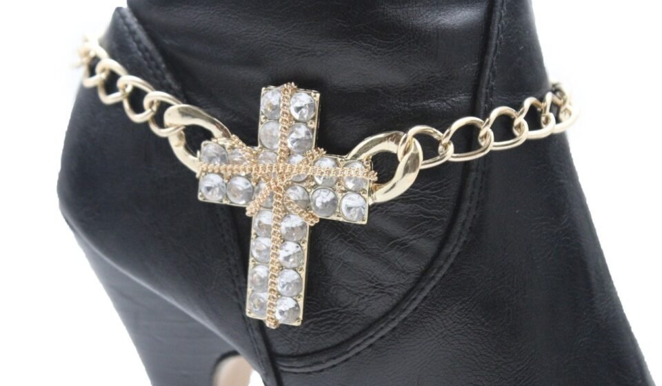 Women Metal Chain Boot Bracelet Western Shoe Charm Gold Silver Rhinestones Wave