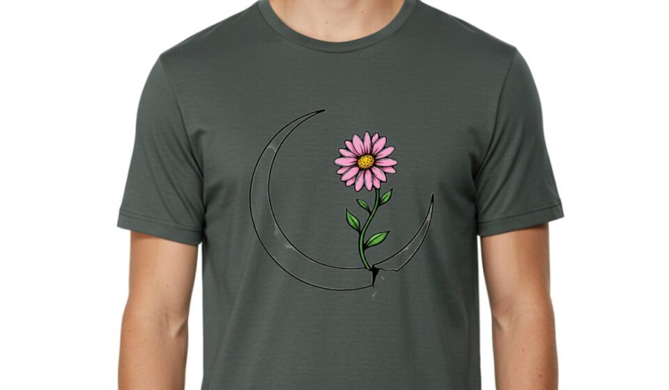 Flower-In-Crescent-Moon Mens Graphic Tee, 100% Cotton, Casual Summer Wear
