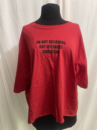 Fashion Nova Cropped Tee Shirt Red- “ I’m not religious but my shoes Christian”