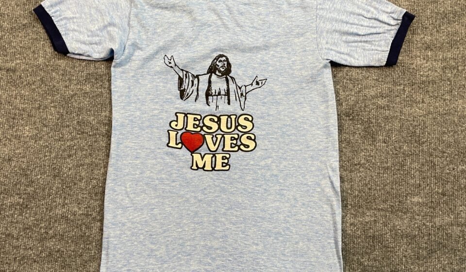 Vintage 80s Religious Christian Jesus Loves Me Ringer Shirt XS 16×25 Blue