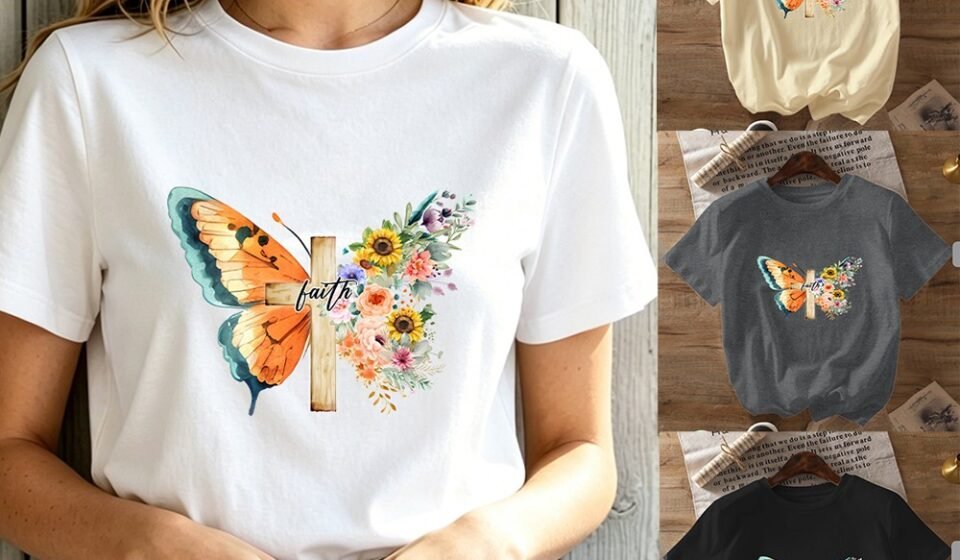 Inspirational Faith Cross Butterfly Floral T-Shirt Religious Casual Top
